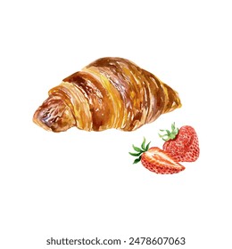 Croissant y fresas, acuarela. Ilustración vectorial. Boceto de comida. Tarjetas, invitaciones, menús de cafés, panaderías, confiterías, carteles, Anuncios.