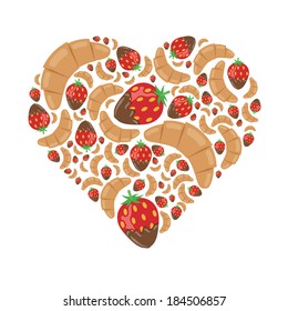croissant and strawberry in chocolate in heart
