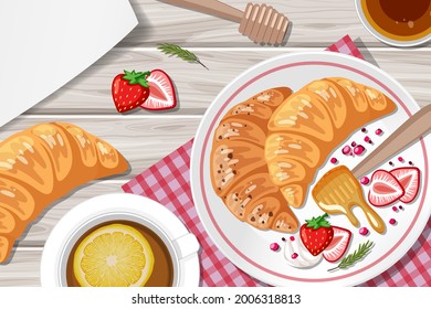 Croissant with strawberry and a cup of lemon tea on the table illustration