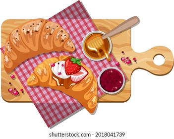 Croissant with strawberry jam and honey on a wooden tray isolated illustration