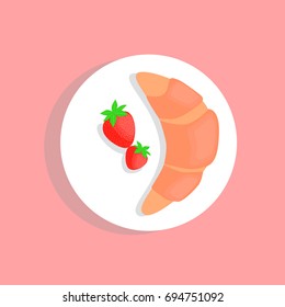 Croissant with strawberry on pink background.