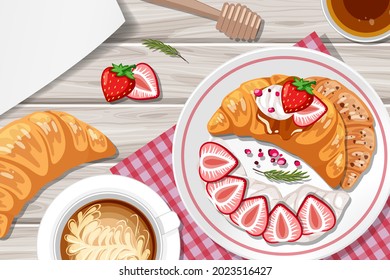 Croissant with strawberry toppping and a cup of coffee on the table background illustration