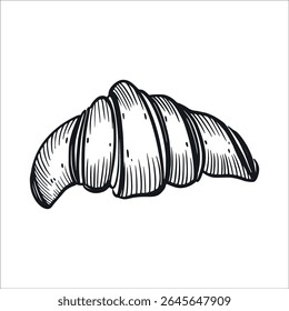 Croissant, sweet bun, French pastry. The illustration is hand-drawn in ink. It is suitable for printing on food packaging, decorating bakeries and confectioneries, printing on fabric.