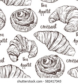 Croissant And Sweet Buns Pattern. Seamless Background With A French Croissant. Hand Drawn Sketch.