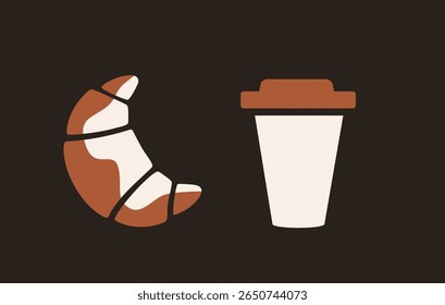 Croissant and takeaway coffee cup in flat minimalist style on dark background. Breakfast and drink icon. Template illustration. Coffee break and bakery concept.