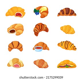 Croissant. tasty bakery products with strawberry and chocolate cream. Vector colored fresh croissant pictures in cartoon style