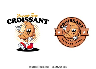 croissant saboroso sobremesa retro desenho animado personagem mascote ilustração com a mão de caminhada e paz para restaurante, cafés, restaurantes, cafeteria, pastelaria, mascotes de padaria e mercadoria