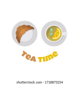 Croissant and tea with lemon and leaves of mint. Morning tea time or break for cup of beverage with dessert. Top view. Vector illustration isolated on white background