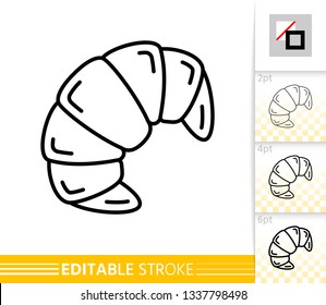 Croissant thin line icon. Pastry banner in flat style. Bakery poster. Linear pictogram. Simple illustration, outline symbol. Vector sign isolated on white. Editable stroke icons without fill