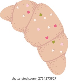 Croissant coberto com pontos de açúcar, corações minúsculos, e estrelas polvilhar acentos, isolado em fundo limpo em desenhos animados em negrito linha de trabalho. Símbolo de tratamento de padaria, conforto. Ilustração de vetor de desenhos animados.