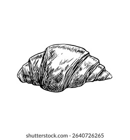 Um croissant. Ilustração em preto e branco desenhada à mão com gráfico vetorial. Isole em um fundo branco. Massa de farinha, um pão em forma de meia-lua feito de massa folhada. Para design de menu, receitas, rótulos, embalagem