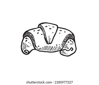 imagen vectorial croissant, gráficos en blanco y negro, símbolo de postre para pegatina, libro de colorear, menú