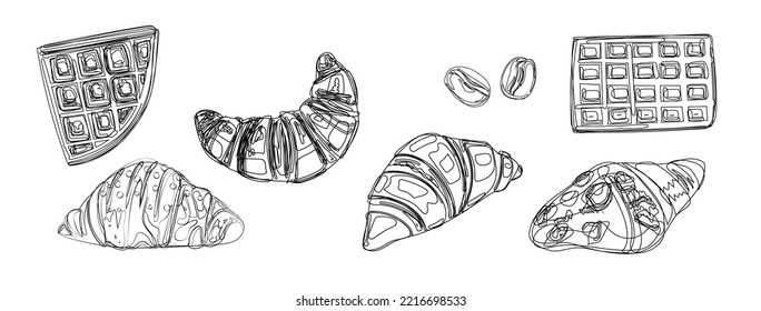 Croissant, waffles and coffee beans black and white sketch. Pastry isolated on white background. Illustration for the design of menus, showcases, packages, etc.