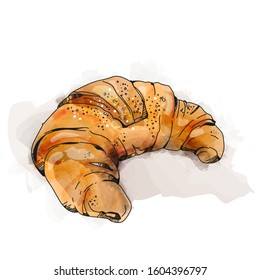 Croissant watercolor. Vector hand drawn croissant icon badge bakery for design menu cafe, label and packaging.