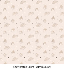 Croissant,cake seamless pattern. Wallpaper , wrapping paper, fashion fabrics, prints. Codifier. Cafe.