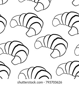 Croissants black and white design pattern isolated on white background. Vector illustration of bakery goods for poster label and menu bakery shop.