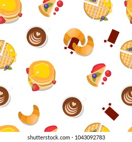 Croissants, cheesecake, chocolate, coffee, pancakes, waffles, cake. Seamless pattern.