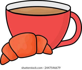 Croissants with Coffee Cup Concept, Super Soft French pastries with hot drink vector icon design, European breakfast symbol, Americans Morning Meal Sign, Restaurant cafe menu stock illustration