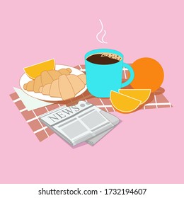 Croissants with coffee, morning newspaper and oranges for breakfast. Composition of elements in cartoon flat style, isolated on pink background.