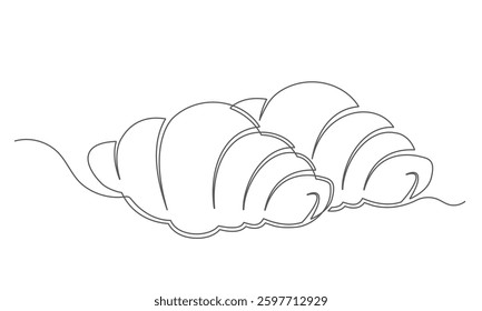 Croissants continuous one line isolated on white background. Bakery symbol art drawing. Croissants design outline. Editable stroke. Vector illustration