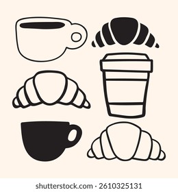 Croissants and cups of coffee. Vector outline design. Hand drawn illustration.