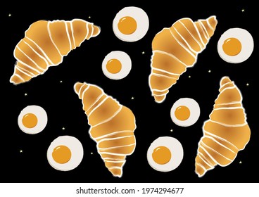Croissants and fried eggs on the background ,vector drawing cartoon character