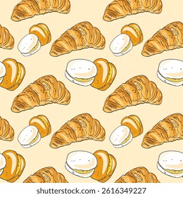 Croissants, fried eggs, and orange slices arranged in a warm breakfast-themed seamless pattern with baked and citrus elements