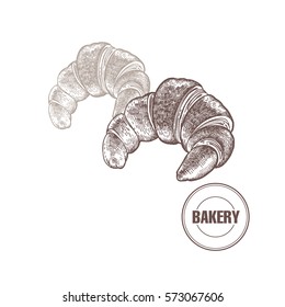 Croissants. Hand drawing a bread product. Vector illustration of food. Kitchen design for the confectionery and bakery, cafe, restaurant, menu. Vintage.