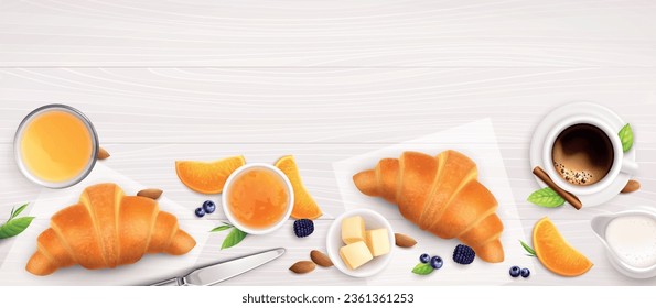 Croissants mermelada y café desayuno composición realista con vista superior de múltiples frutos bayas cups ilustración vectorial