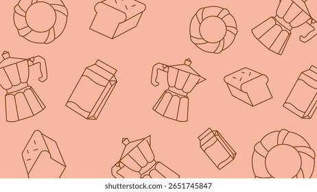 Croissants, milk cartons, moka pots and bread in line art on peach background. Ideal for bakery and breakfast visuals