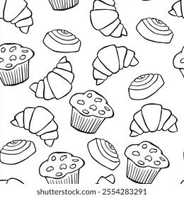 Croissants, muffins and cinnamon rolls pattern. Vector illustration. Illustration created from lines, suitable for coloring pages and other graphic works.