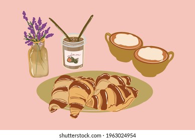 Croissants on the plate with cups of coffee and jam and lavender flowers in vase. French style breakfast. Vector illustration 