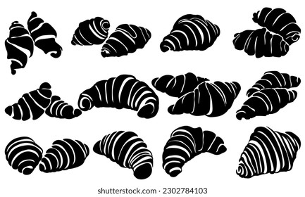 Croissants silhouettes set, popular sweet pastries of various shapes and sizes vector illustration