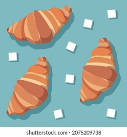 Croissants and sugar cubes. Sweets. Background