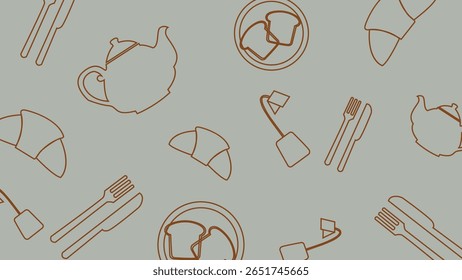 Croissants, bule e torrada com talheres em forma de contorno em pano de fundo verde macio. Um tema de café da manhã calmo e elegante.