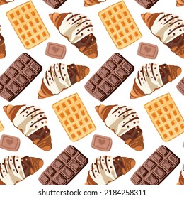 Croissants, waffles and chocolate. Seamless pattern for sweet-shop.