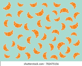 Croissants. Wallpaper of orange croissants in different sizes on a light green background.