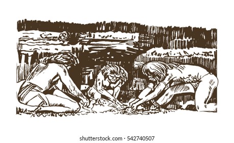 Cro-Magnon (Homo sapiens) man in a cave mined fire. Hand drawn illustration. svg