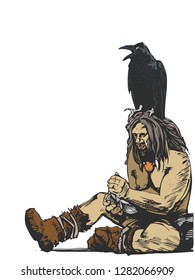 Cro-Magnon man with crow. Ancient man makes fire. In the same portfolio there is a black and white version. svg