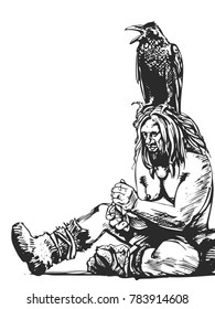 Cro-Magnon man with crow. Graphic sketch. In the same portfolio there is a color version. svg