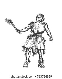 Cro-Magnon woman with a torch. Graphic sketch svg