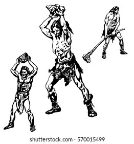 Cro-Magnons soldiers, the old man (Homo sapiens). Ancient people. Hand drawn illustration. svg