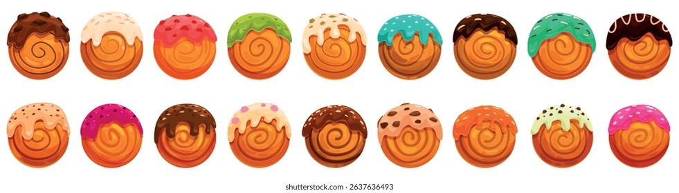 Cromboloni cake icons set. Round buns covered with flowing glaze of different colors and flavors creating a mouth watering culinary composition