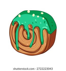 El pastel de cromboloni presenta una deliciosa textura de pastel circular, rematada con glaseado verde vibrante que gotea y salpicaduras blancas decorativas, que ofrecen un concepto de postre tentador