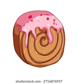 Cromboloni bolo rolo com uma forma espiral, coberto com vidros rosa doce, e decorado com polvilhas vermelhas, representando uma deliciosa pastelaria ou sobremesa