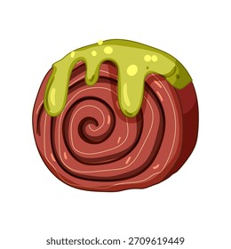 Rebanada de pastel de cromboloni con glaseado verde goteando sobre un rollo en espiral, ilustración de pastel dulce sobre fondo blanco icono de postre gourmet para panadería, cafetería, menú o celebración