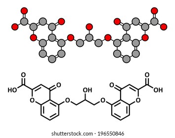 Cromoglicic acid (cromolyn, cromoglycate) asthma and allergy drug, chemical structure. Conventional skeletal formula and stylized representation, showing atoms (except hydrogen) as color coded circles