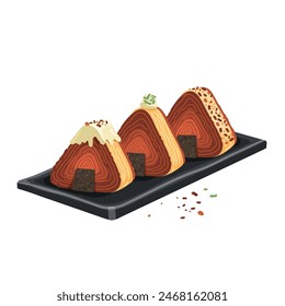 Cronigiri or onigiri croissant. Three cronigiri on a black flat plate