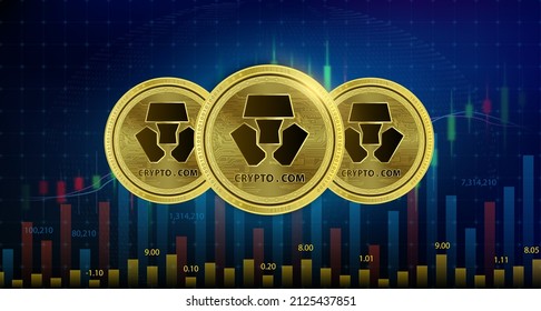 Moneda de Crypto.com. 3 moneda Cryptocurrency blockchain Tecnología de sustitución de moneda digital alternativa La moneda virtual dorada plateada con gráfico de crecimiento es el fondo Ilustración de vectores 3D