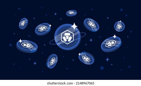 Cronos (CRO) coins falling from the sky. CRO cryptocurrency concept banner background.